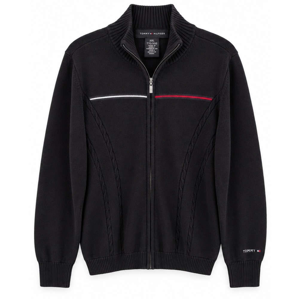 Tommy Hilfiger Mens XXL Black Full Zip Cable Knit Mock Neck Preppy Sweater